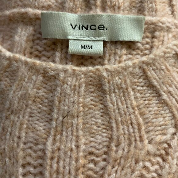 Vince Interlocking Cable Rose Tan Cashmere Merino Blend Crew Sweater Medium - Picture 7 of 8